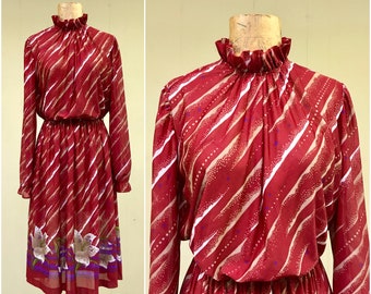 Vintage 1970s Maroon Semi-Sheer Day Dress, 70s Secretary Dress with Geometric Print and Day Lilies, Medium 40" Bust, VFG