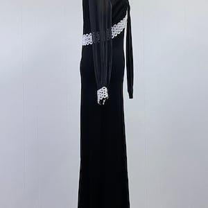 Vintage 1960s Black Empire Waist Maxi w/Guipure Lace, 60s Goth Prom Dress, Polyester Jersey Gown, Small 36 Bust image 3