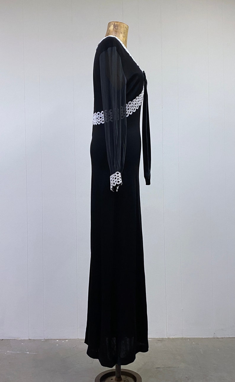 Vintage 1960s Black Empire Waist Maxi w/Guipure Lace, 60s Goth Prom Dress, Polyester Jersey Gown, Small 36 Bust image 3