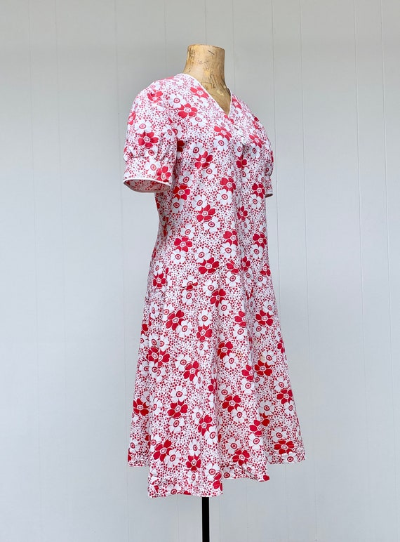Antique 1920s Red & White Floral Cotton Day Dress… - image 3