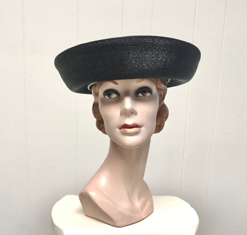 Vintage 1960s Miss Schiaparelli Hat, 60s Mod Black Straw Breton Hat, Mid-Century Madeline Hat, New with Tags, 21 1/2 Inches, VFG image 5