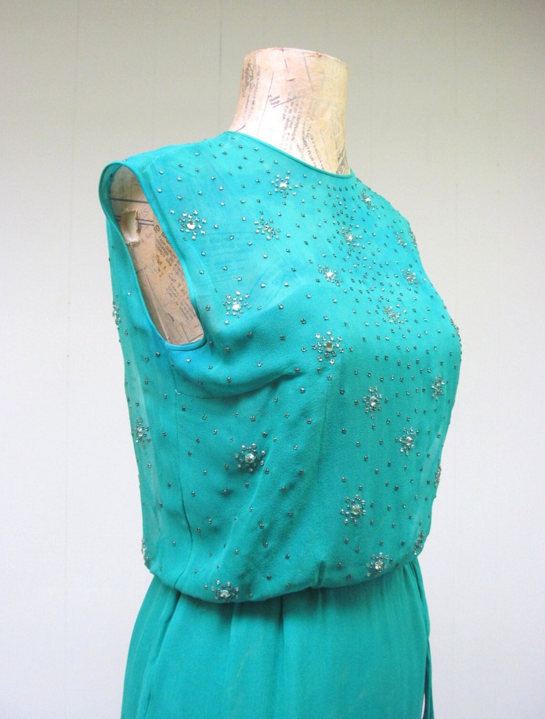 Vintage 1960s Wiggle Dress, 60s Emerald Green Silk Chiffon Rhinestone Dress, Fancy Sleeveless Sheath, Cocktail Party Frock, X Small 32 Bust image 5