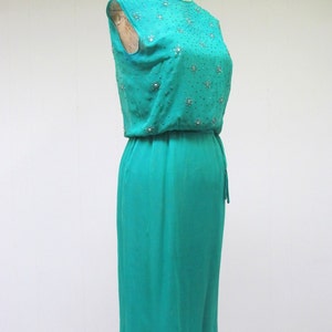 Vintage 1960s Wiggle Dress, 60s Emerald Green Silk Chiffon Rhinestone Dress, Fancy Sleeveless Sheath, Cocktail Party Frock, X Small 32 Bust image 3