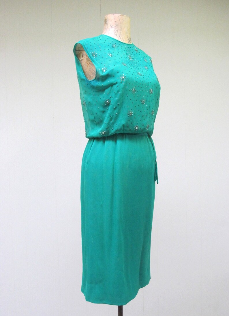 Vintage 1960s Wiggle Dress, 60s Emerald Green Silk Chiffon Rhinestone Dress, Fancy Sleeveless Sheath, Cocktail Party Frock, X Small 32 Bust image 3