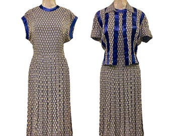Vintage 1940s Rayon Dress w/ Matching Jacket, Geometric Novelty Print Two Piece Set, Doris Dodson Original, Size Small, Mint Condition, VFG
