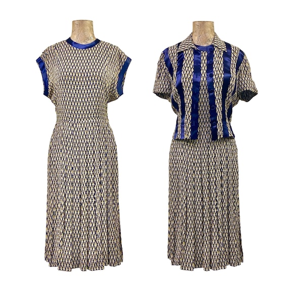 Vintage 1940s Rayon Dress W/ Matching Jacket, Geometric