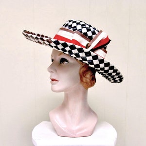 Vintage 1960s MR. JOHN Hat, Mod Straw Hat, Black White Brown Checkerboard Hat, Woven Cello Straw Hat, Wide Brim Sun Hat, VFG