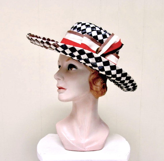 Vintage 1960s MR. JOHN Hat, Mod Straw Hat, Black … - image 1