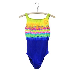 Vintage 1980s/1990s New Wave Swimsuit, Neon Tropical Island Print One Piece Maillot, High Cut Leg Bathing Suit, Small 34&quot; Bust, VFG