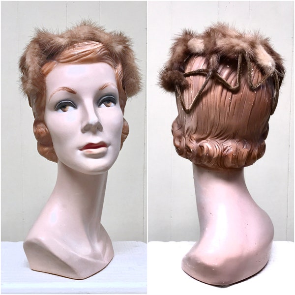 Vintage 1950s 1960s Mink Cocktail Hat, Genuine Fur Headband Hat, Mid-Century Birdcage Hat, One Size