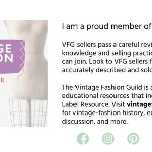 May include: Image features a purple Vintage Fashion Guild logo with the text "True Vintage Since 2002." A dress form is partially visible. The text states the guild's mission and website for vintage fashion resources.