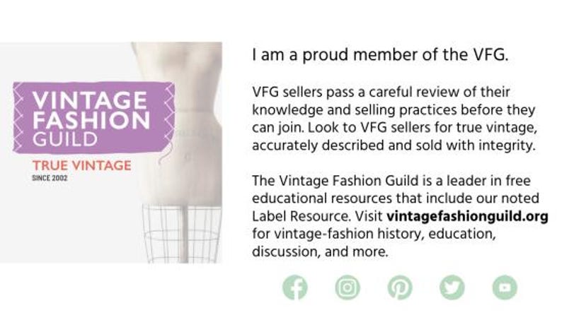 May include: Image features a purple Vintage Fashion Guild logo with the text "True Vintage Since 2002." A dress form is partially visible. The text states the guild's mission and website for vintage fashion resources.