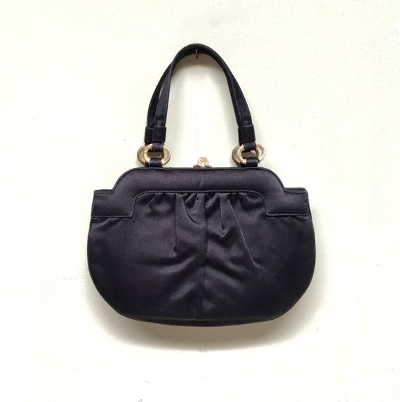Vintage 1950s Black Satin Handbag, 50s Formal Top… - image 1