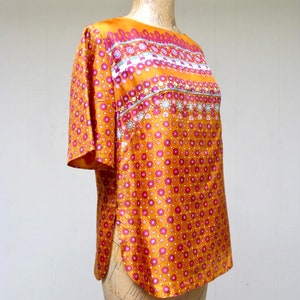 Vintage 1960s Orange Indian Print Rayon Blouse, 60s Alex Colman Short Sleeve Back Button Top, Medium 38 Bust, VFG image 3