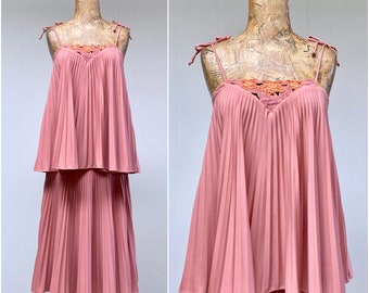 Vintage 1970s Young Edwardian Boho Top and Skirt Set, Pleated Rose Jersey Separates, Spaghetti Strap Trapeze Top / Midi Skirt, X Small, VFG