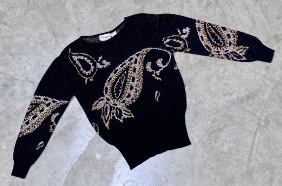 Vintage 1980s Paisley Sweater, 80s Black w/Metall… - image 7
