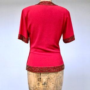 Vintage 1940s Red Rayon Crepe Beaded Blouse, 40s Crimson Short Sleeve Cocktail Top, Small 34 Bust, VFG image 3