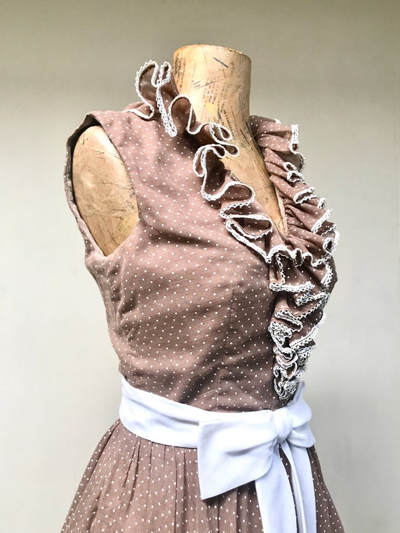 Vintage 1970s Brown Polkadot Dress, 70s Sleeveles… - image 8