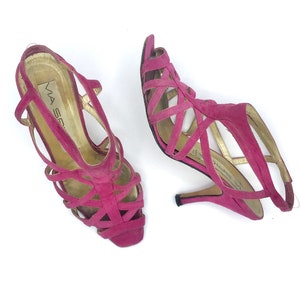 Vintage 1990s Fuchsia Suede Sandals, 90s Open Toe Strappy High Heel Slingbacks, Via Spiga Made in Italy, Size 5 1/2 B US, 45 EU, VFG