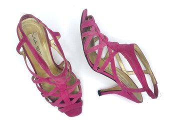 Vintage 1990s Fuchsia Suede Sandals, 90s Open Toe Strappy High Heel Slingbacks, Via Spiga Made in Italy, Size 5 1/2 B US, 45 EU, VFG