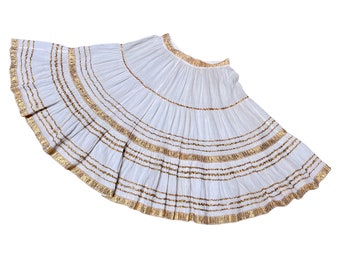 Vintage 1950s Southwestern Patio Skirt, White Cotton Crepe Circle Skirt with Gold Metallic Trim, Rockabilly Style, Small, VFG