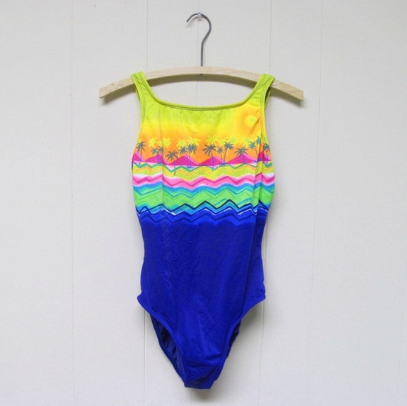 Vintage 1980s New Wave Swimsuit, Neon Tropical Is… - image 1