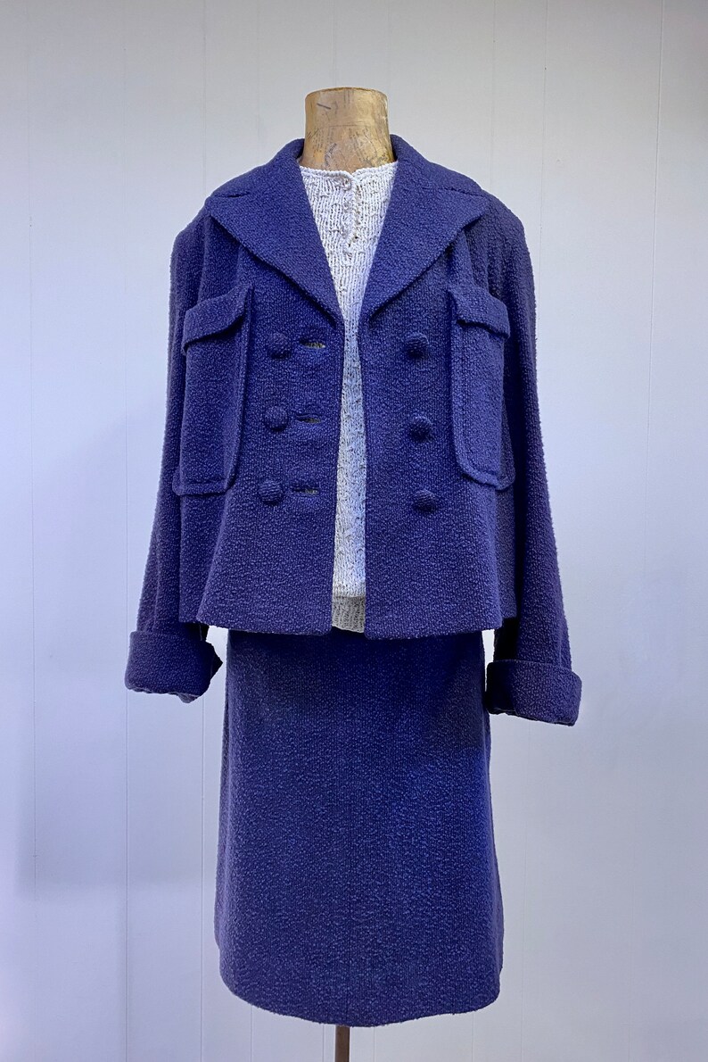 Vintage 1950s Wool Bouclé Skirt Suit, Cropped Jacket and Pencil Skirt Set, Small-Medium image 3