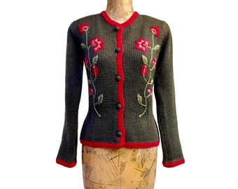 Vintage 1980s The Villager Olive Wool Trachten Style Cardigan, Floral Hand Embroidered Puffed Sleeve Alpine Sweater, Medium 38" Bust, VFG