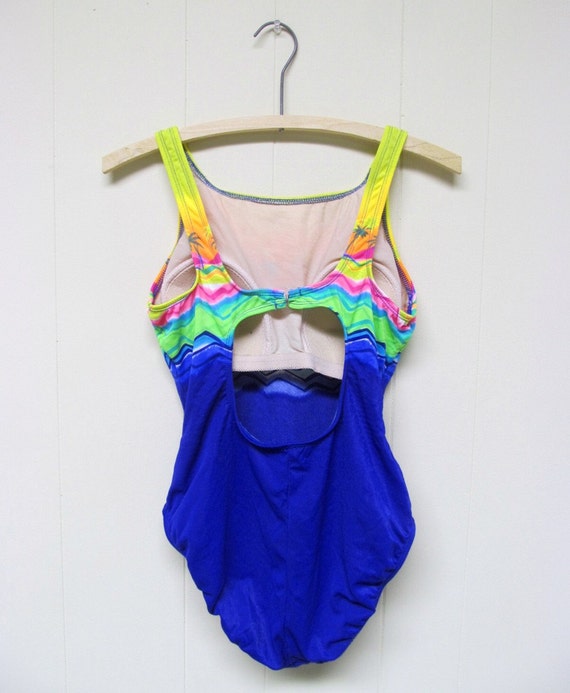 Vintage 1980s New Wave Swimsuit, Neon Tropical Is… - image 3