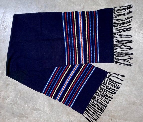 Vintage 1960s Black Wool Fringed Shawl, Striped E… - image 7