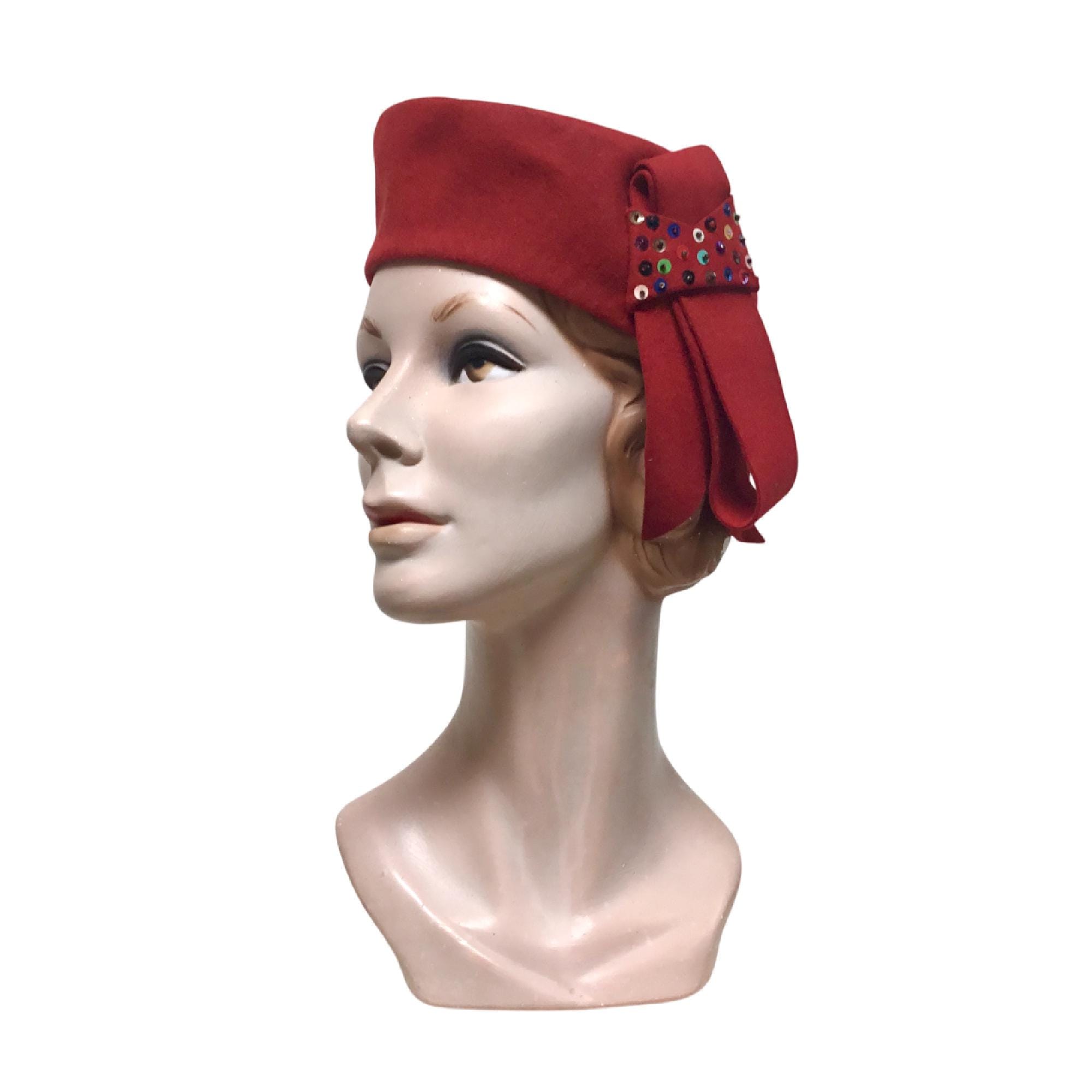 Vintage 1940s Red Wool Toque W/sequins, 40s Crimson Military  display picture 1