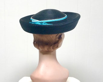 Vintage 1960s Miss Schiaparelli Hat, 60s Mod Black Straw Breton Hat, Mid-Century Madeline Hat, New with Tags, 21 1/2 Inches, VFG