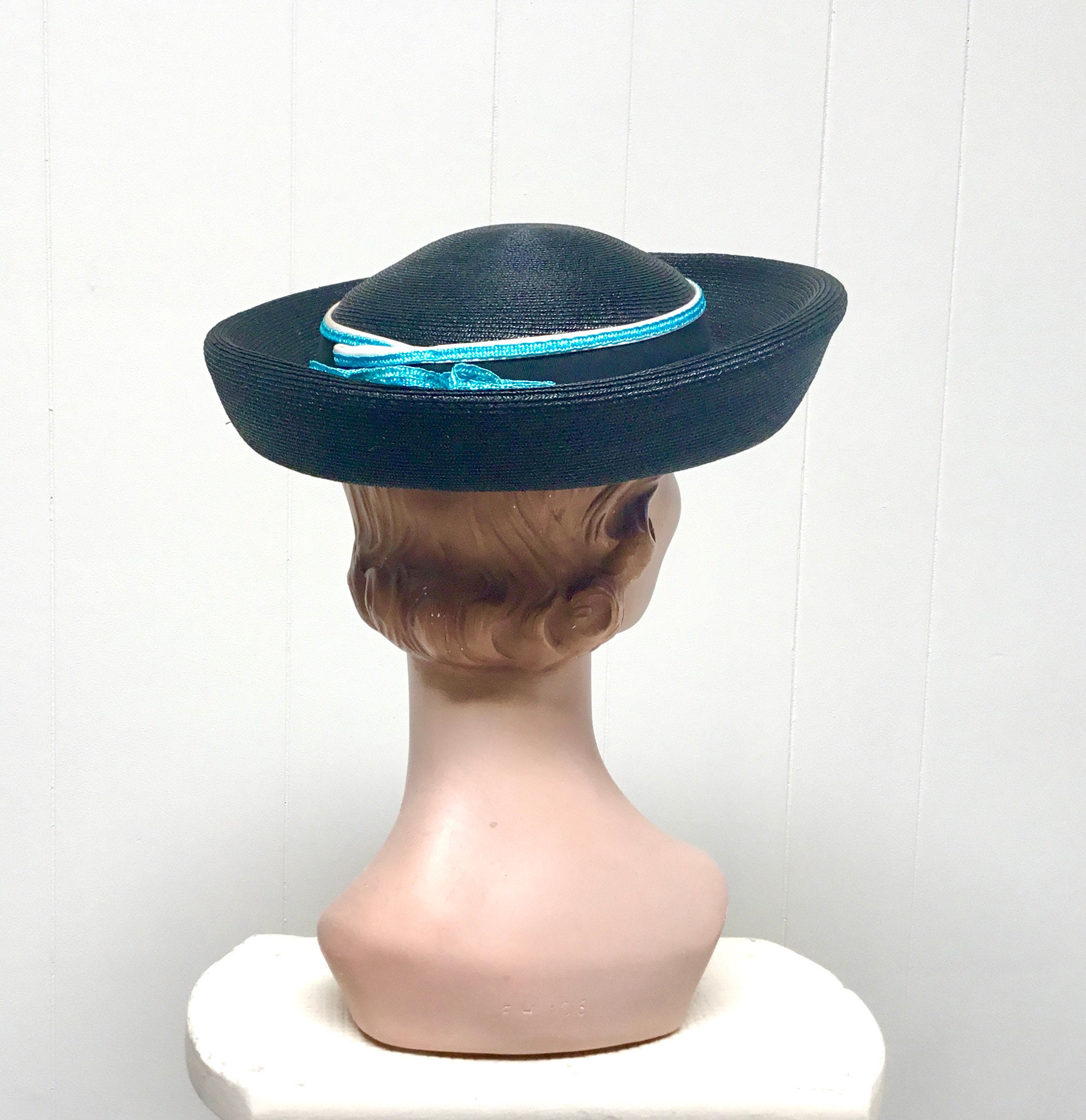 Vintage 1960s Miss Schiaparelli Hat, 60s Mod Black Straw