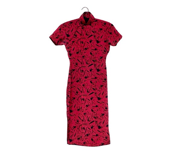 Vintage 1950s Silk Cheongsam Dress, Red and Black Abs - Gem