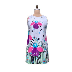 Vintage 1960s Sleeveless Cotton Floral Shift, Mid-Century Sun Dress, 60s Charlotta of CA A-Line Sheath, 14W XL Volup 42&quot; Bust, VFG