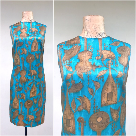 Vintage 1960s Silk Shift Dress, Mid-Century Turqu… - image 1