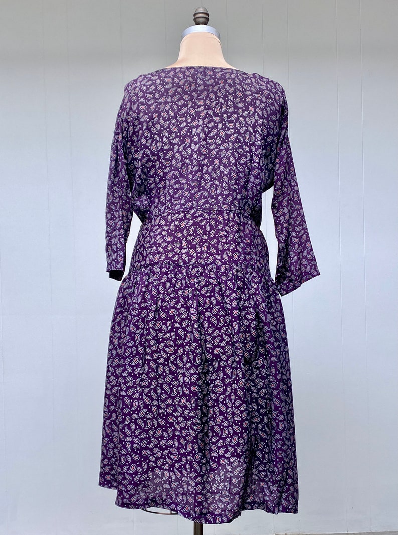 Vintage 1990s HARARI Drop-Waist Purple Paisley Rayon Dress, Loose-Fit Tea Length One Size up to 44 Bust, VFG image 6