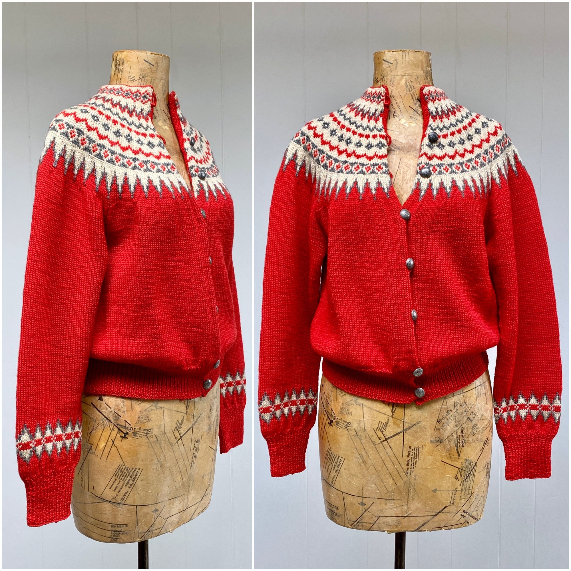 Vintage 1950s Red Reindeer Sweater Mid-century Nordic Winter 
