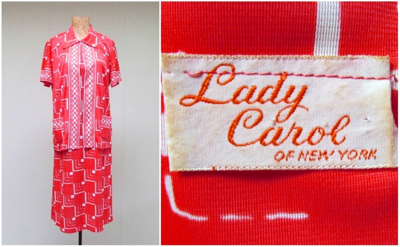Vintage 1960s Nylon Atomic Age Print Dress and Jacket Set, Mid-Century Resort Wear, 60s Palm Springs, Lady Carol Coral/White, Medium, VFG image 6