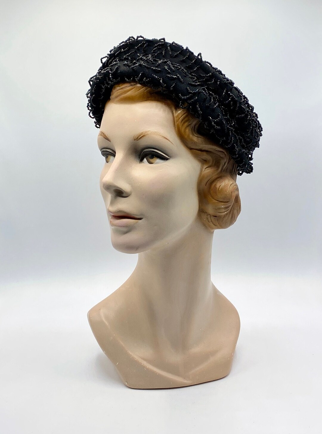 Vintage 1950s Black Beaded Pillbox Hat, Formal Midcentury Wool Felt