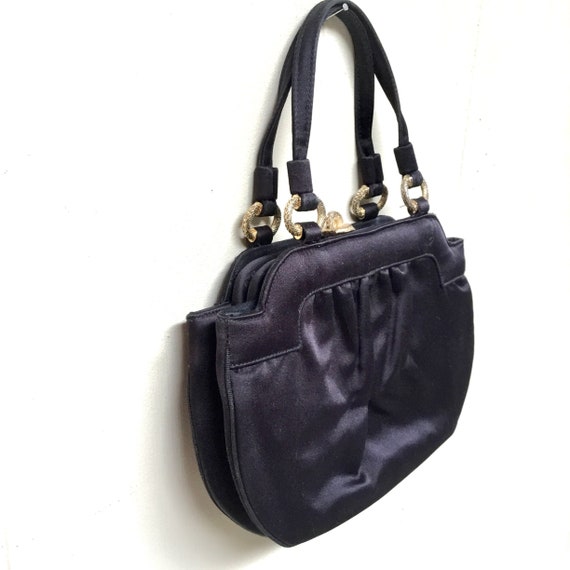 Vintage 1950s Black Satin Handbag, 50s Formal Top… - image 4