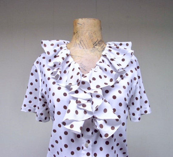 Vintage 1960s Polkadot Blouse, White Nylon Crepe … - image 5