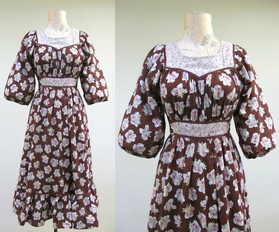 Vintage 1970s Brown Floral Cotton Day Dress, 70s … - image 1