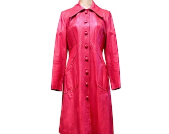Vintage 1960s Mod Red Leather Coat, 60s Crimson A-Line Topcoat, Mid-Century Outerwear, Made in Hong Kong, Extra Small 34" Bust, VFG