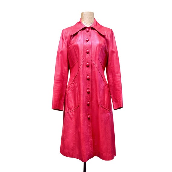 Vintage 1960s Mod Red Leather Coat, 60s Crimson A-line Topcoat 