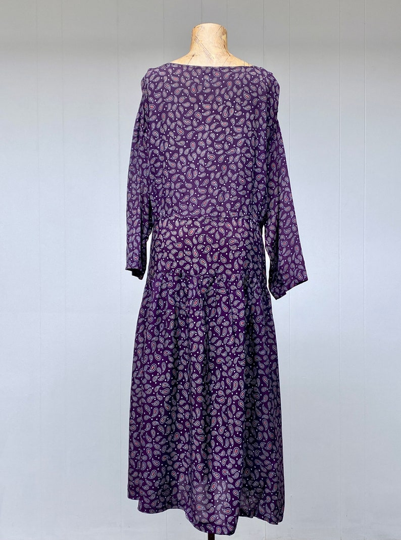 Vintage 1990s HARARI Drop-Waist Purple Paisley Rayon Dress, Loose-Fit Tea Length One Size up to 44 Bust, VFG image 4