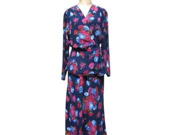 Vintage 1980s Does 1940s Floral Rayon Skirt Set, Carole Little Navy Bias Cut Top and Skirt, Romantic Soft Dressing Separates, Medium, VFG