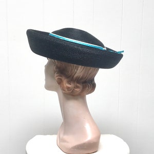 Vintage 1960s Miss Schiaparelli Hat, 60s Mod Black Straw Breton Hat, Mid-Century Madeline Hat, New with Tags, 21 1/2 Inches, VFG image 3