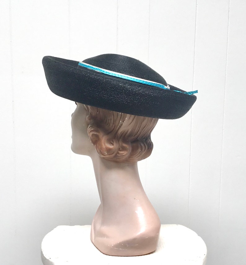 Vintage 1960s Miss Schiaparelli Hat, 60s Mod Black Straw Breton Hat, Mid-Century Madeline Hat, New with Tags, 21 1/2 Inches, VFG image 3