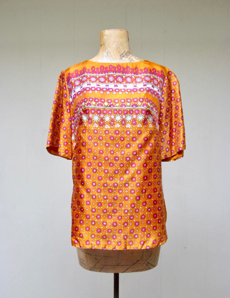 Vintage 1960s Orange Indian Print Rayon Blouse, 60s Alex Colman Short Sleeve Back Button Top, Medium 38 Bust, VFG image 1